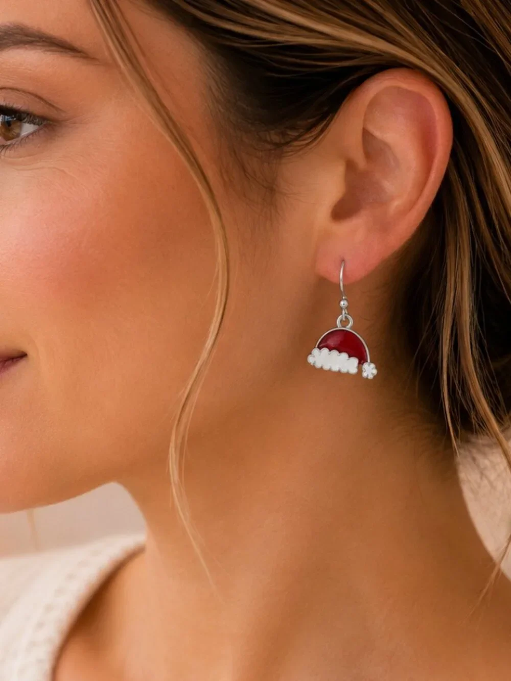 Santa Hat Christmas Dangle Earrings Red Enamel Holiday Winter Jewelry - Picture 2 of 5